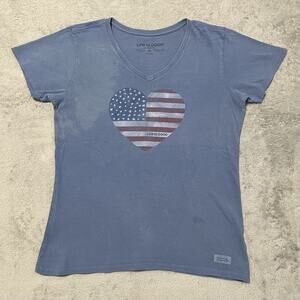 Life is Good T Shirt Womens M Blue US Flag RWB Heart V Neck Crusher Tee